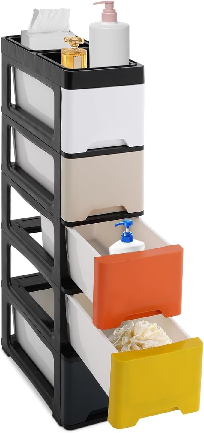 Cassettiera Salvaspazio con 5 Cassetti Mobiletto Stretto con Ruote Organizer in Plastica PP per Bagno Ufficio Casa Carrello Portaoggetti per Angoli Stretti(Black+Colorful Modern Colors)