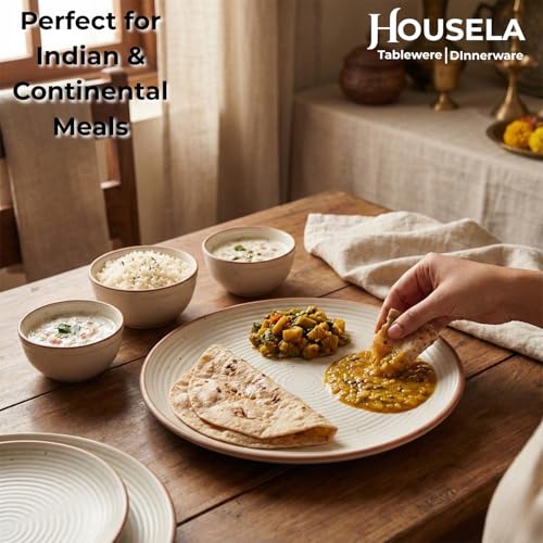 Image of inchHOUSELA Premium Ceramic Dinner Set 12-Piece for 6 - Microwave & Dishwasher Safe Dinnerware | 6 Dinner Plates + 6 Bowls | Modern Rustic Beige | Durable Kitchen Dining Set for Daily Use inch