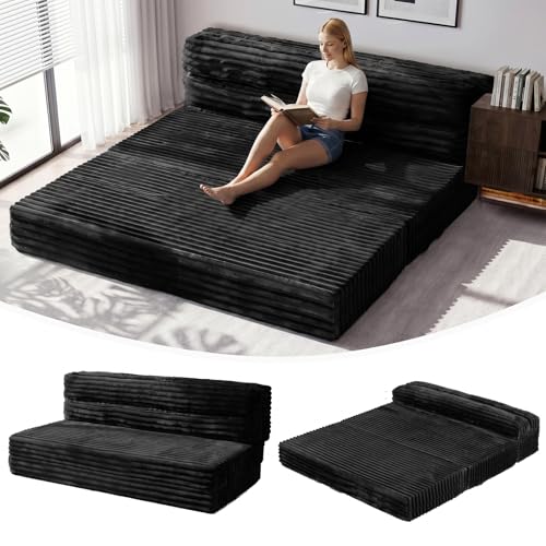 Image of Erament Tri-Fold Futon Sofa Bed, 6 Inch Foldable Floor Couch, High-Density Foam Convertible Sleeper Sofa with Removable Washable Corduroy Cover, Portable Floor Mattress for Living Room