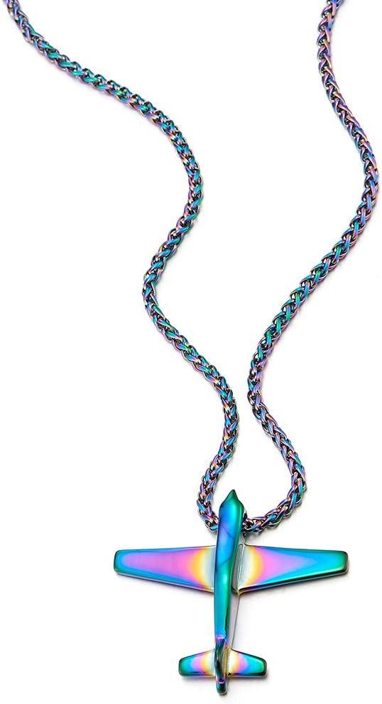 COOLSTEELANDBEYOND Stainless Steel Colorful Airplane Pendant Necklace for Men Women with 23.6 inches Wheat Chain - Image 3