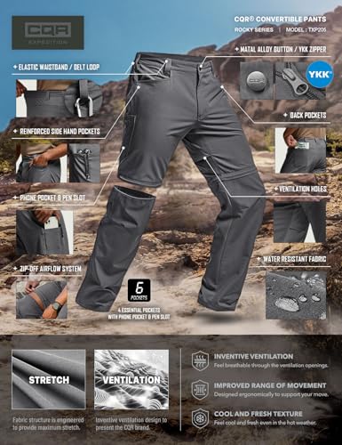 Image of CQR Men's Convertible Cargo Tactical Pants, Water Resistant Outdoor Hiking Pants, Zip Off Lightweight Stretch Work Pants