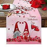 Happy Valentine's Day Cotton Linen Table Runner Cute Gnomes Love Heart Shape Tree Rose Flowers 13x70