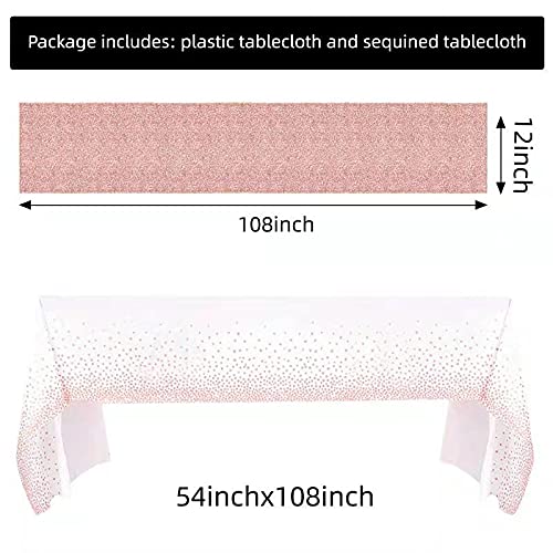 FGSAEOR Rose Gold Tablecloth, 12x108inch Sequins Table Runners and 54x108inch Plastic Table Cloths for Christmas Party Decorations, Sparkling Party Supplies Table Cover for Indoor Outdoor Parties