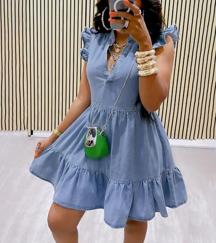 Image of POTILI Denim Dress for Women Mini Jean Dress with Pockets | Ruffle Sleeve, V-neck, Two Side Pockets