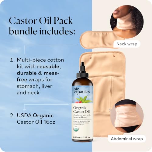 Image of Sky Organics 8 oz Castor Oil w /Wraps | Reusable Organic Castor Oil Pack to Boost Body's Wellness, Encourage Rest & Relaxation | Adjustable Elastic Straps Cotton Durable Easy to Use