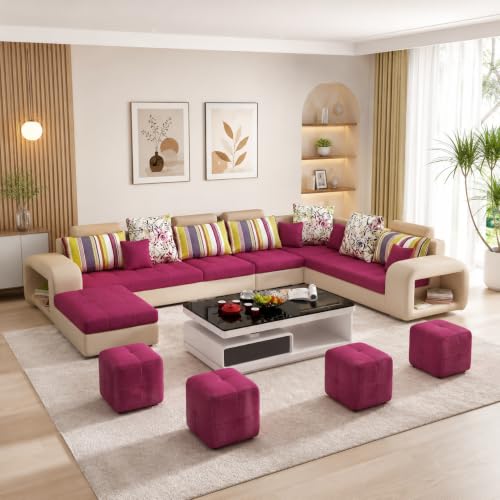 Image of Torque Allister 12 Seater Sofa Set for Living Room (Pink) | Interchangeable U Shape Sectional Sofa | Solid Wood Frame & High-Density Supersoft Foam | Includes Puffy & Stool | Modern Home Furniture