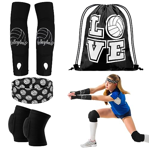 Yinder 4 Pcs Volleyball Knee Pad and Arm Sleeve Volleyball Accessories Stuff Forearm Elbow Sleeve Wrist Guard with Protection Pad and Thumb Hole for Women Men Adult(Medium Black)