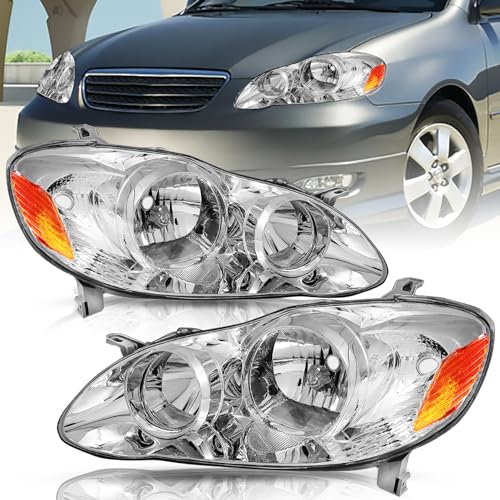 TUSDAR Headlight Assembly Replacement for Toyota Corolla 2003 2004 2005 2006 2007 2008 Headlamps Replacement Passenger and Driver Side, Chrome Housing with Amber Reflector