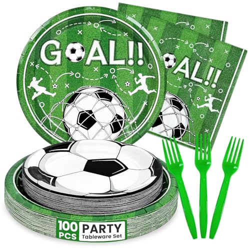 Image of 100 Pcs Soccer Paper Plates and Napkins Disposable for Party, 25-9 inch&25-7 inch