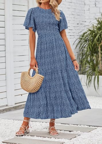 Image of ZESICA Women's 2026 Summer Boho Floral Maxi Dresses Casual Short Flutter Sleeve Smocked Tiered Flowy Dress