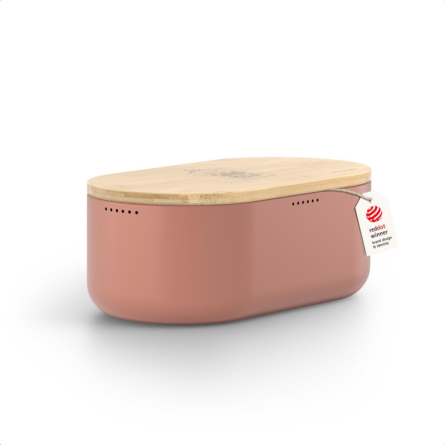 LARS NYSØM Brotkasten I Brotbox aus Metall für langanhaltende Frische I Brotdose mit hochwertigem Bambusdeckel verwendbar als Schneidebrett I 36x19x13cm (Brick Red)
