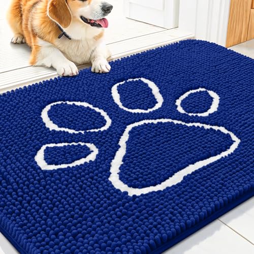 Image of Smiry Dog Door Mat for Muddy Paws, Absorbent Dirt Trapper Non Slip Quick Dry Washable Chenille Mat for Mud Dogs, Entry Rug for Indoor and Outdoor (30x20 Inches, Royal Blue and White)