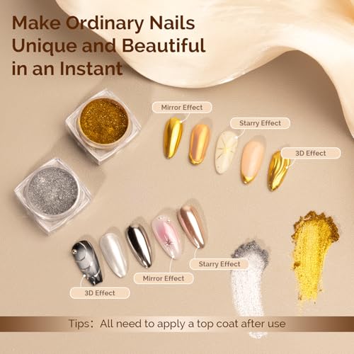 Image of MelodySusie 2Pcs Chrome Nail Powder for Gel Nails,Metallic Mirror Effect Pigment Stylish and Technological Fine Glitter for Home DIY Salon Use