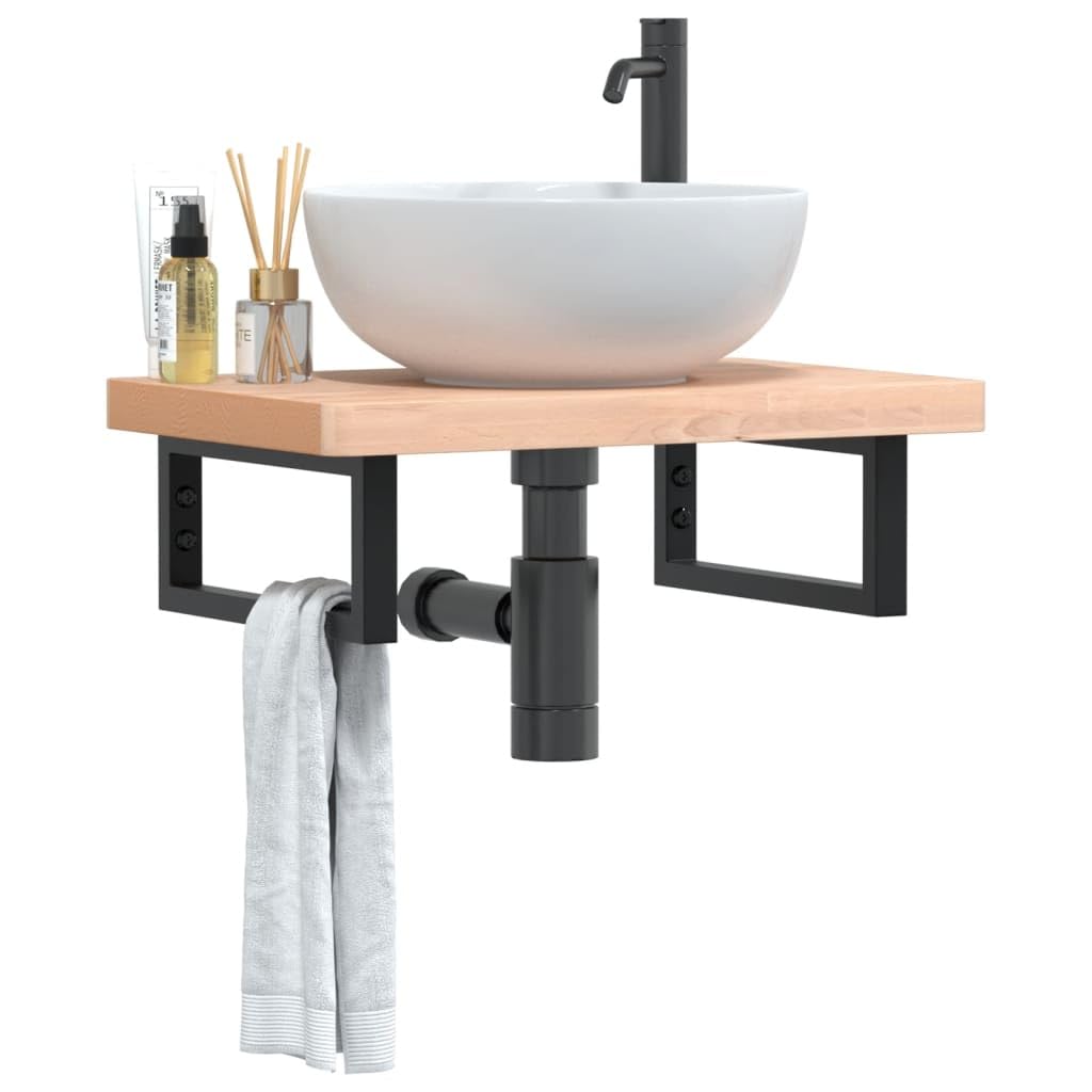 Scaffale per lavandino, montaggio a parete, in acciaio e legno di faggio massiccio, 60 x 40 cm, con supporti per mobili da bagno, lavabo e WC degli ospiti, ripiano salvaspazio per lavabo e