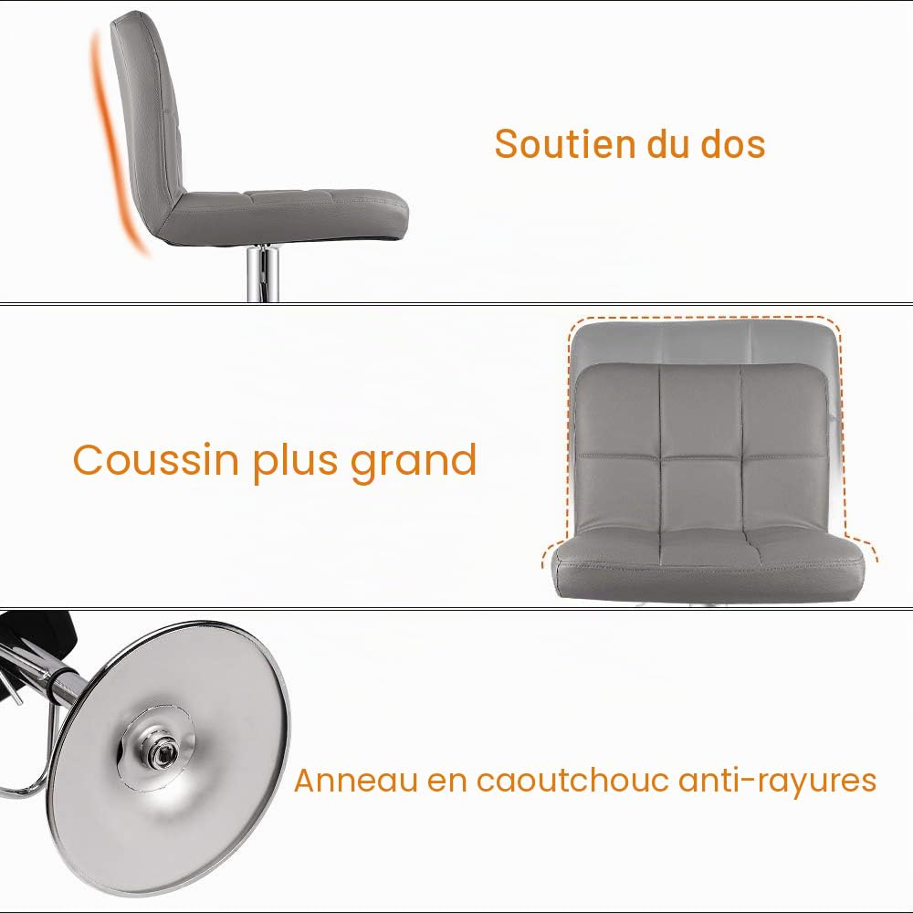 bigzzia Tabouret de Bar Lot de 2, Rotatif sur 360°,Chaise de Bar Réglable en Hauteur avec Similicuir, avec Dossier et Repose-Pieds, Convient pour Cuisine, Comptoir, Bar (Gris)