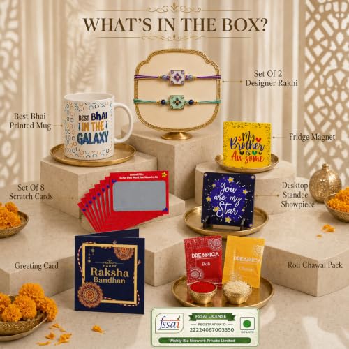 Image of Dreamica Designer Set of 2 Rakhi, Mug, Standee Showpiece, Set of 8 Scratch Cards, Fridge Magnet, Greeting Card and Tilak Set | Best Rakhi Gift for Brother