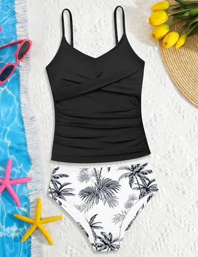 Image of Girls Swimsuit 2 Piece Bathing Suit Criss Cross Ruched Girl Tankini Sets Printed Girls' Swimwear for 9-18 Years