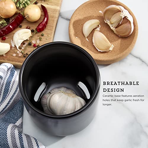 Ceramic And Cork Breathable Garlic Keeper To Allow Air Flow For Freshness, Stackable Space Saving Cork Lid, Natural Cork And Black Ceramic #TOP3