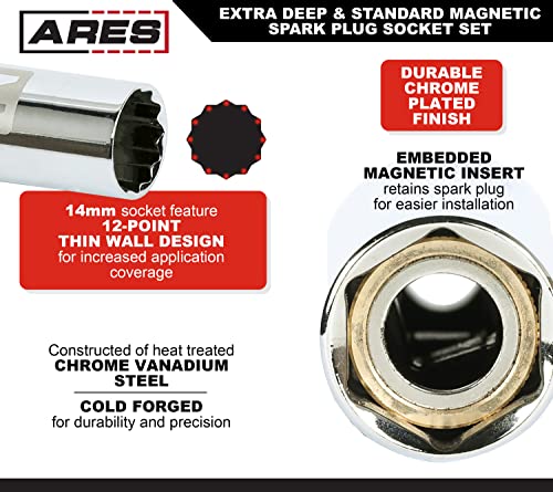Ares 11032-7-Piece Extra Deep And Standard Length Magnetic Spark Plug Socket Set – 3/8-Inch Drive Spark Plug Sockets - 2.5-Inch And 6-Inch Length 6-Point And 12-Point Sockets – Foam Storage Tray #TOP2