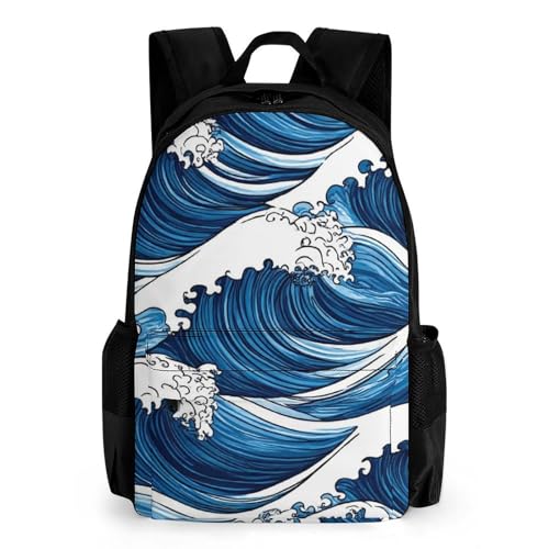 Casual Daypack Multipurpose Anti-Theft Large Capacity Carry On Bag - Japanese Ocean Sea Blue Wave Casual Daypack Climbing Shoulder Bag With Padded Straps