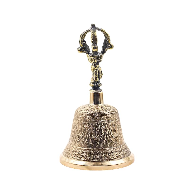 Divine Hindu Brass Vajra Hand Bell | Premium Temple Ghanti | Traditional Etched Design, Clear Sacred Sound | Puja, Meditation, Aarti, Spiritual Use | (Standard Size)