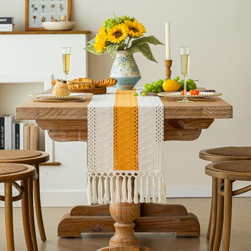 Image of FEXIA Boho Table Runner for Summer Home Decor with Tassels 72 Inches Long Farmhouse Yellow Rustic Table Decoration Macrame Burlap Decor for Living Room Bridal Shower (12x72 Inches)