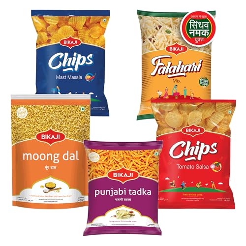 Bikaji Snacks Combo – FALHARI MIX & BIKAJI POTATO CHIPS MAST MASALA & Moong Dal & PUNJABI TADKA & BIKAJI POTATO CHIPS TOMATO SALSA | 5 Pack Variety | Bar Snacks, Party Mix & Tea-Time Treats – 760g