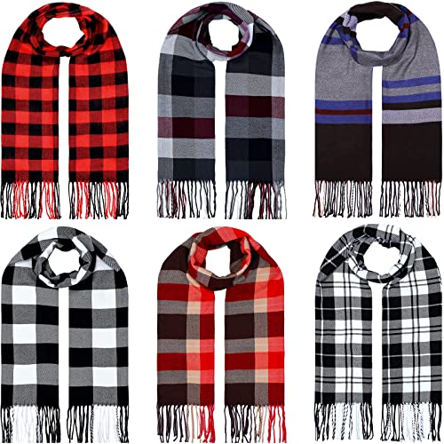 Handepo 6 Pieces Christmas Buffalo Plaid Scarf Women Shawl Wrap Soft Silky Scarf Red White Black Gray Blue Large Wedding Fur Shawl for Women Men Christmas, 74.8 x 12.6 Inches