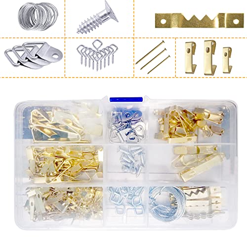 Image of 222pcs Picture Hanging Kit, Picture Hanger Assortment, Heavy Duty Frame Hooks with Nails, Hanging Wire, Screw Eyes, D Ring and Sawtooth Hardware for Frames Mounting