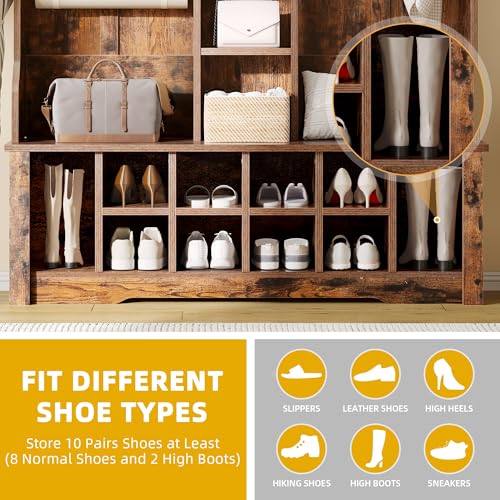 DWVO 59" Wide Hall Tree with Bench and Storage for Hallway Entryway, 10 Shoe Cubbies & 10 Coat Hooks, 4-Tier of Center Storage Open Cabinets, Coat Rack with Space for Bedchamber Living Room (Brown)