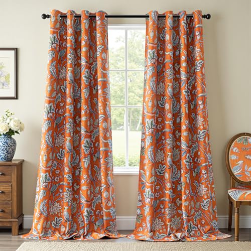 Image of MYSKY HOME Orange Floral Blackout Curtains & Drapes 95 inch Curtains 2 Panels Set for Living Room Bedroom Boho Farmhouse Elegant Curtains Heat Block Sound Reduce Drapes with Patterned Bird Design