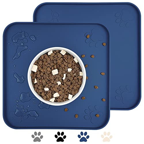 Ptlom 2 Pcs Silicone Pet Placemat For Dogs And Cats, Non-Slip Waterproof Dog Feeding Bowl Mat Prevent Food And Water Overflow, High-Lips Puppy Dish Tray Mat Suitable For Medium Small Pets, Navy #TOP7
