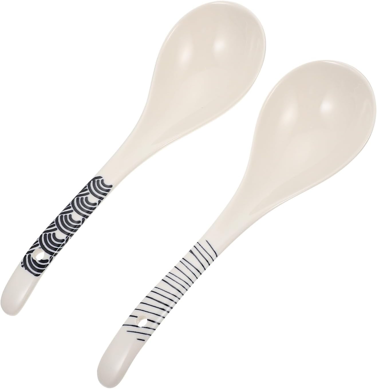 2pcs Ceramic Soup Spoons Set, Blue Ripple Blue Stripe Pattern, Long Handle Porcelain Ladles for Rice, Porridge and Hot Pot Serving, Kitchen Dining Flatware for Home and Restaurant