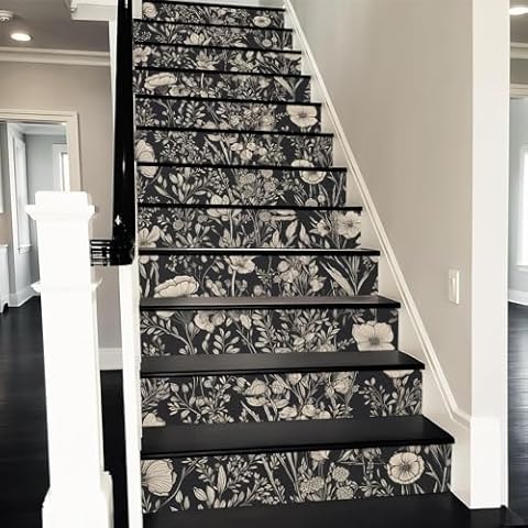 REDAMANCY Gray Black Wildflower Fern Floral Peel and Stick Vinyl Stair Riser Decals Staircase Tile Stair Stickers Abstract Art Modern Decoration Self-Adhesive Home Decor Stair Decals (14Pcs) Cover