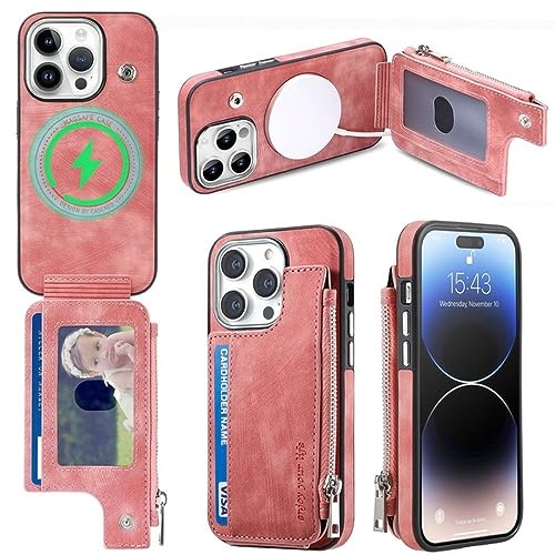 Chargement sans fil facilité avec cet étui en cuir antichoc rose pour iPhone 14