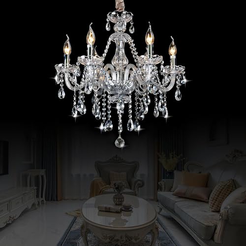 Bagood Clear 6 Lights Candle Chandelier Lighting K9 Crystal Candle Chandeliers Lighting Crystal Modern Chandelier for Dining Living Room Bedroom Entry Elegant Decoration E12 Base, H22 x W23.6 Inch by Bagood - Used condition - Image 2