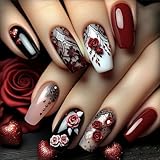 CJDLTS Press on Nails Medium Length Red Rose Flower False Nails Black Lace Pattern Design Full Cover Heart Press Nails Artificial Ballet Shaped Stick on Nails Glossy Acrylic Glue on Nails for Women