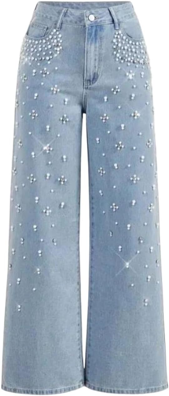 Women Washed Denim Straight Leg High Waist Long Pants Pearl Embellished Casual Comfort Jeans for Daily Wear
