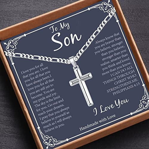 Son Necklaces Gifts - Silver/Black Stainless Steel Cross Necklace Cuban Link Chain Necklace for Son3