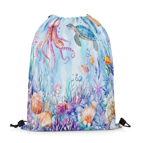 Image of jejeloiu Blue Ocean Seaworld Drawstring Backpack 13x15.7inch Marine Life Waterproof Gym Drawstring Bags Beach Turtle Octopus Sea Horse Sports String Backpack Beach Swim Travel Bag Sackpack