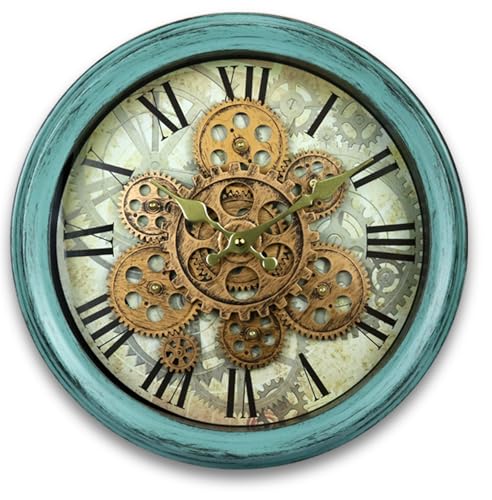 Image of STAR WORK Vintage Gear Wall Clock Industrial Rustic Farmhouse Classic Style Mechanical Charm Perfect for Living Room Bedroom Office or Entryway Decor (Blue -14 INCH)