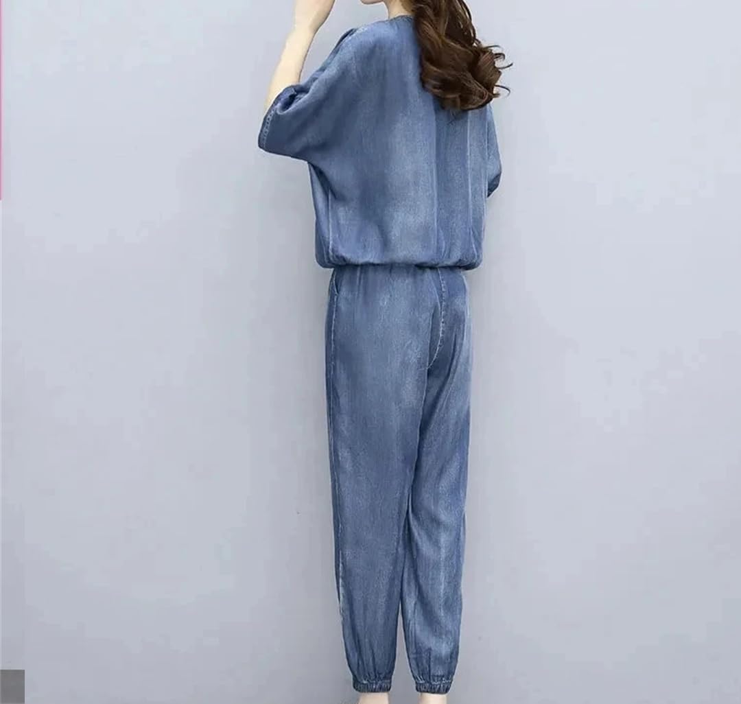 Womens Summer Retro Denim Two Piece Set Short Sleeve Shirt And Elastic Waist Harem Pants Thin Summer Casual Suits
