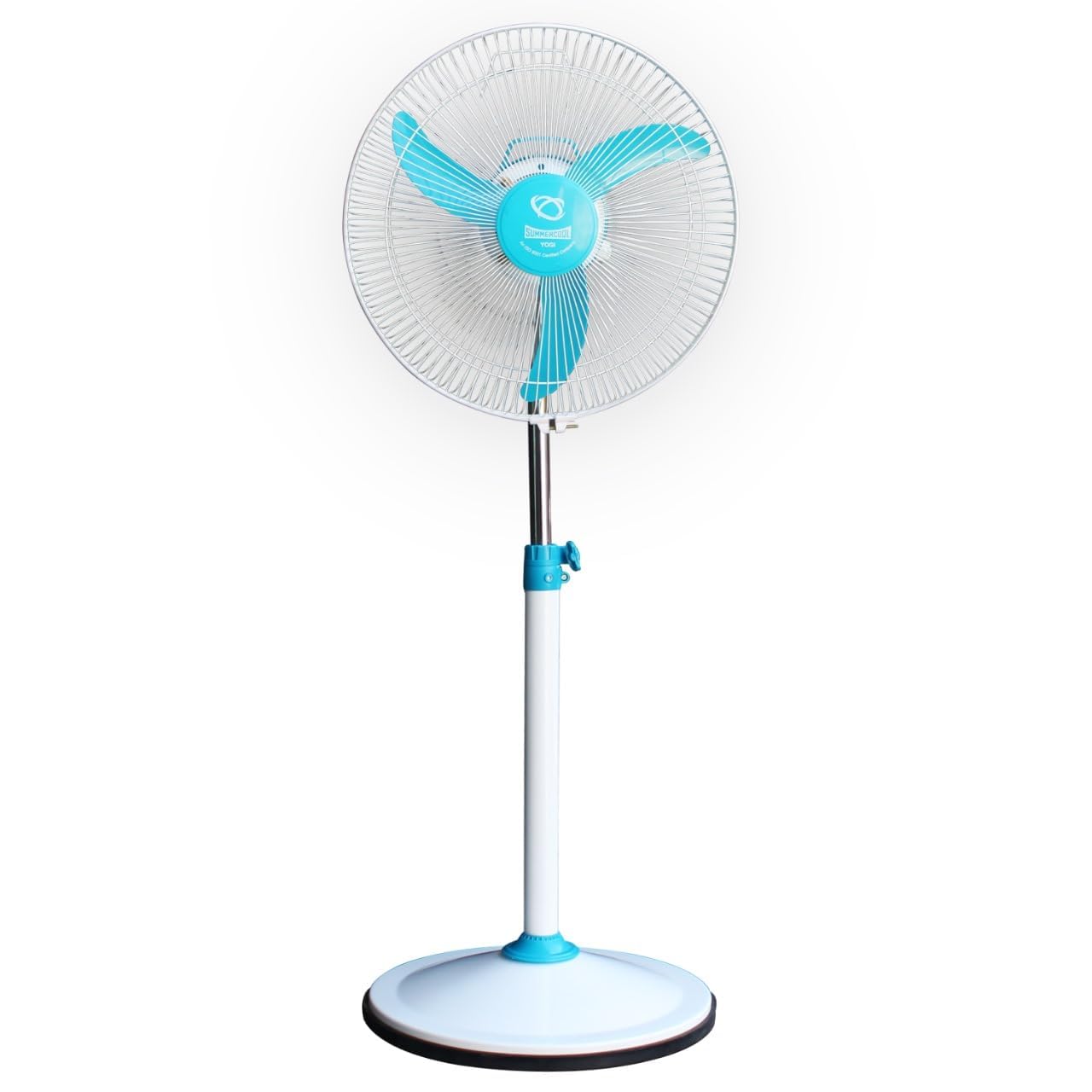 SUMMERCOOL Yogi Pedestal Fan 400mm | High Speed 3 Blade Standing Fan | Heavy Duty Motor | Farrata Energy Saving Fan | Adjustable Height | for Home/Office/Factory | 1 Year Warranty (White & Blue)