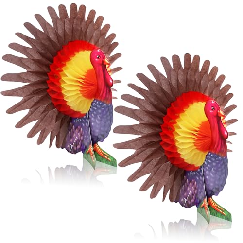 KatchOn, Thanksgiving Paper Turkey Centerpieces - Pack of 2 | Honeycomb Turkey Centerpieces for Tables | Happy Thanksgiving Decorations | Paper Turkey Decorations | Thanksgiving Table Decorations