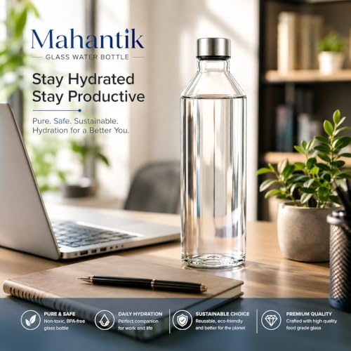 Image of 750ml Glass Water Bottle Pack of 2 with Stainless Steel Leak Proof Cap, Reusable Transparent Drinking Bottles for Home, Office, Gym, Travel & Refrigerator Storage