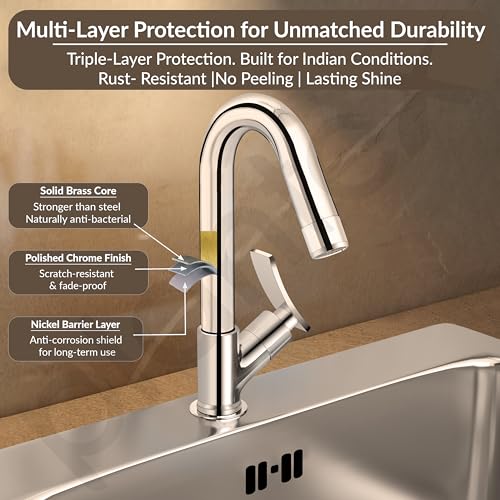 Image of Plantex Solid Brass High Neck Pillar Cock Water Tap with Teflon Tape /360 Degree Swivel Spout /Single Lever Tabletop Basin Sink Cock (Star, Chrome)