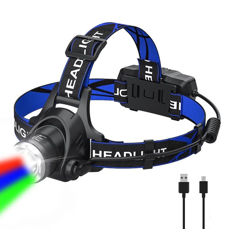 Pocketman 4 in 1 LED Colored Headlight Zoomable White Red Green Blue Headlight LED 4 Colors Light USB Rechargeable with Outdoor Headlamp for Camping