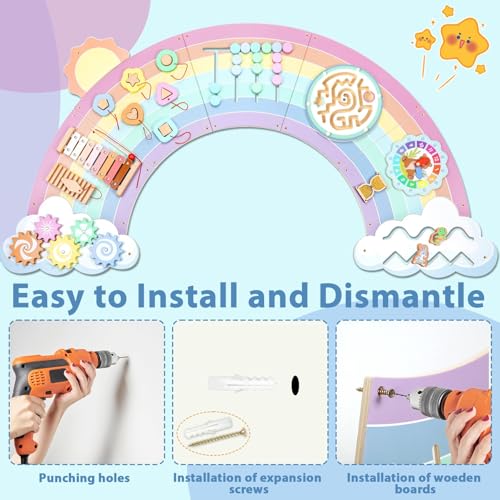 Image of 5FT Large Pastel Rainbow Wooden Activity Wall Panel for Toddler Educational Montessori Toy for Kids Interactive Sensory Toys Sensory Activity Busy Board Daycare Learning Center Toddler Room Decor
