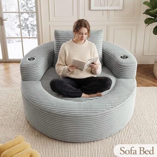 Image of Trustyue Boneless Couch,Comfy Fluffy Sofa Bed,Upholstered Sleeper Sofa with Cup Holder and Throw Pillows,Corduroy Plush Cloud Lounge Chair