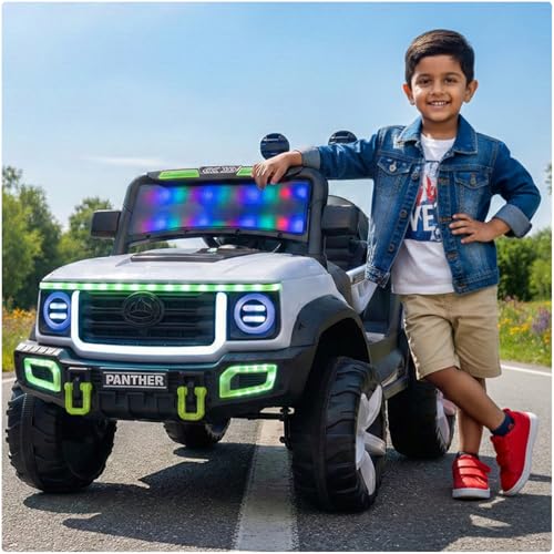 Image of Toyzone Panther Electric Jeep (White) | 12V Rechargeable Ride on with 5Ah Battery | Music Player with BT, USB & AUX | Smooth Acceleration | 6M Battery Warranty | Age 3-10 Years, Upto 50 kg